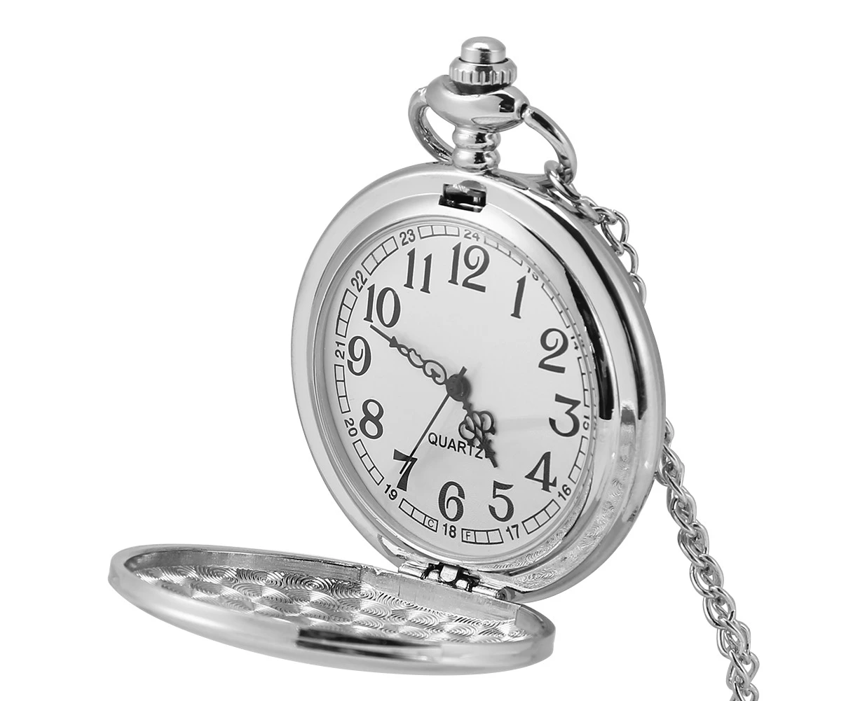 Classical Quartz Analog Smooth Pocket Watch Necklace Pendant With Chain Silver