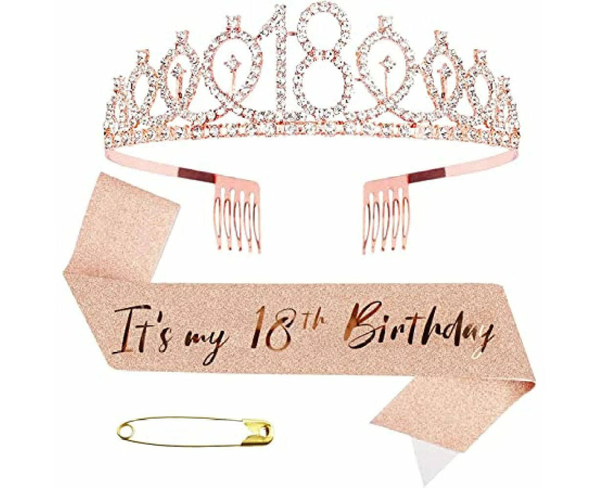 18Th Birthday Belt And Girl'S Band, Rose Gold Birthday Belt Crown 18 Years Old&Girl'S Band And Girl'S Dress, 18Th Birthday Gift 18Th Birthday Party Gift