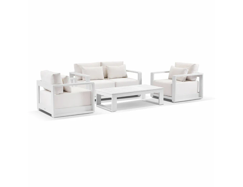 Whitehaven 2+1+1 Outdoor Aluminium Lounge Set with Sunbrella Cushions with Santorini Coffee Table - Outdoor Aluminium Lounges - White