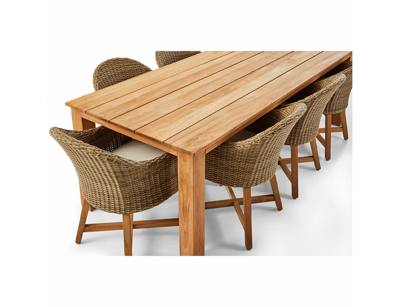 Barbados Outdoor Teak 2.4m Rectangle Dining Table With 8 Coastal Wicker Chairs - Outdoor Dining Settings - Brushed Wheat