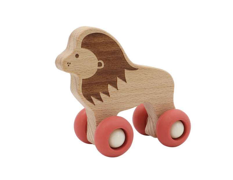 Kaper Kidz Wooden Lion with Silicone Wheels - Sturdy Animal Push Toy