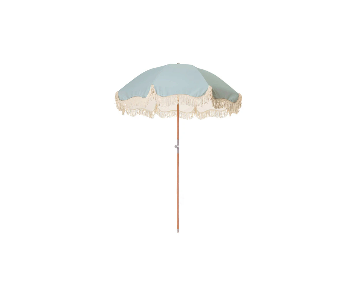 Good Vibes Luxe Beach Umbrella Uv50 w/Tassles Wood Pole Bay Blue 200x200cm