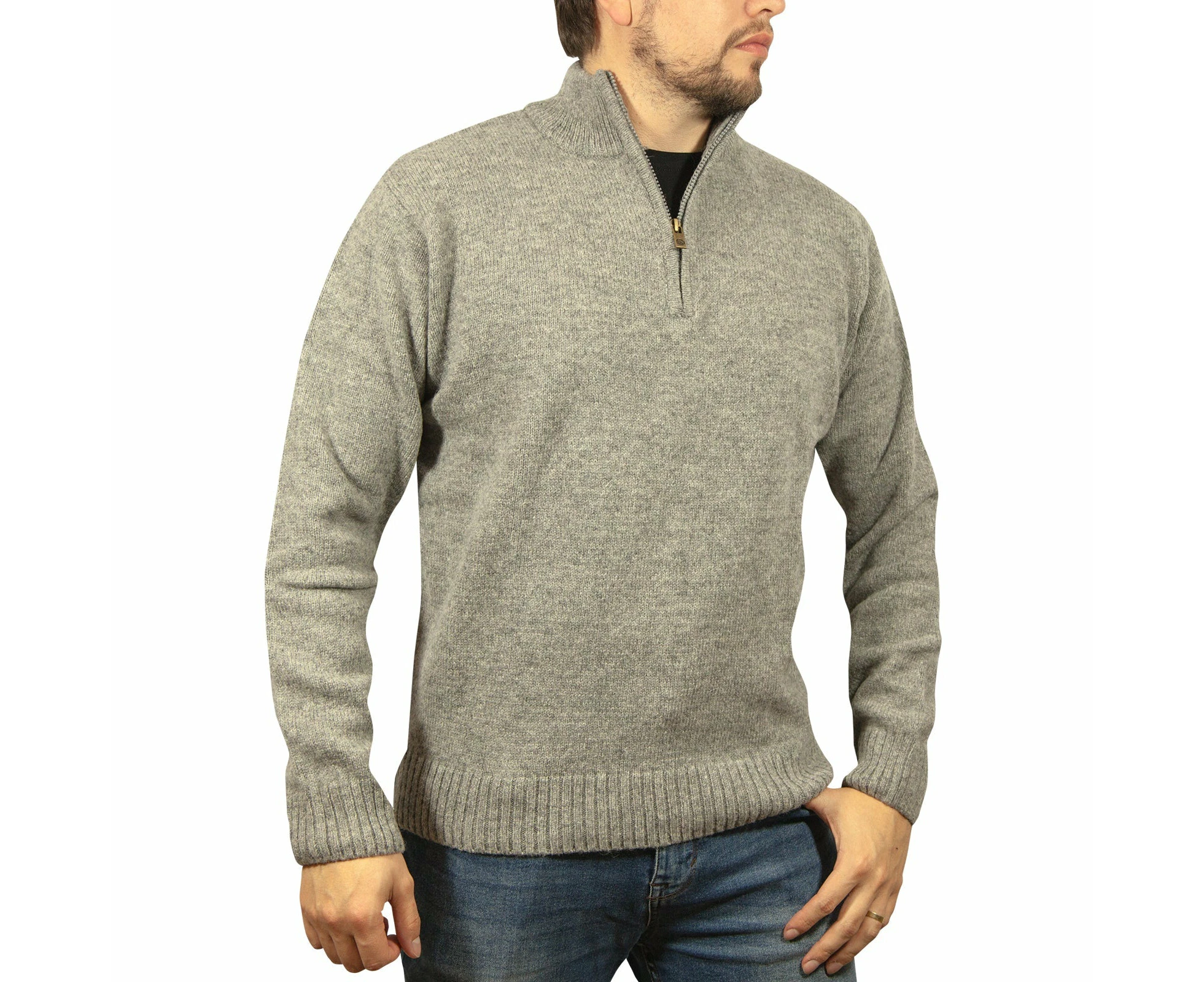 100% SHETLAND WOOL Half Zip Up Knit JUMPER Pullover Mens Sweater Knitted - Grey (21)