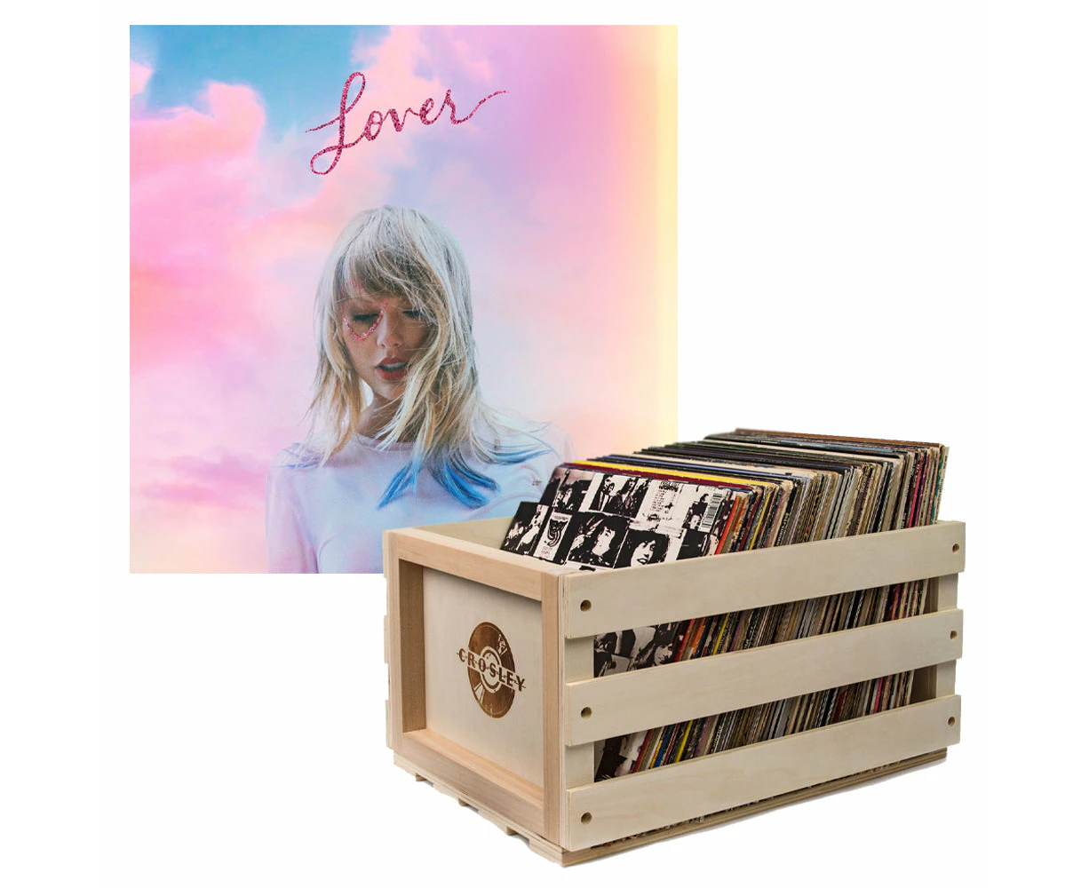 Crosley Record Storage Crate & Taylor Swift Lover 2P Vinyl Album Bundle