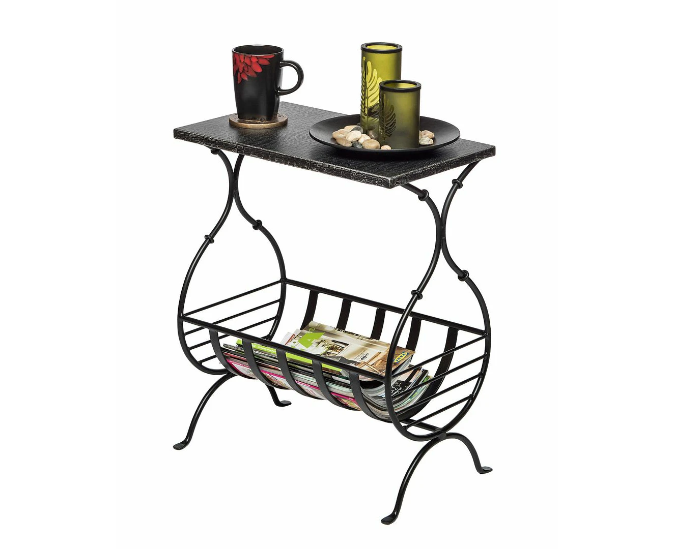 Black Iron Side Table with Magazine Storage and Silver Finish Top