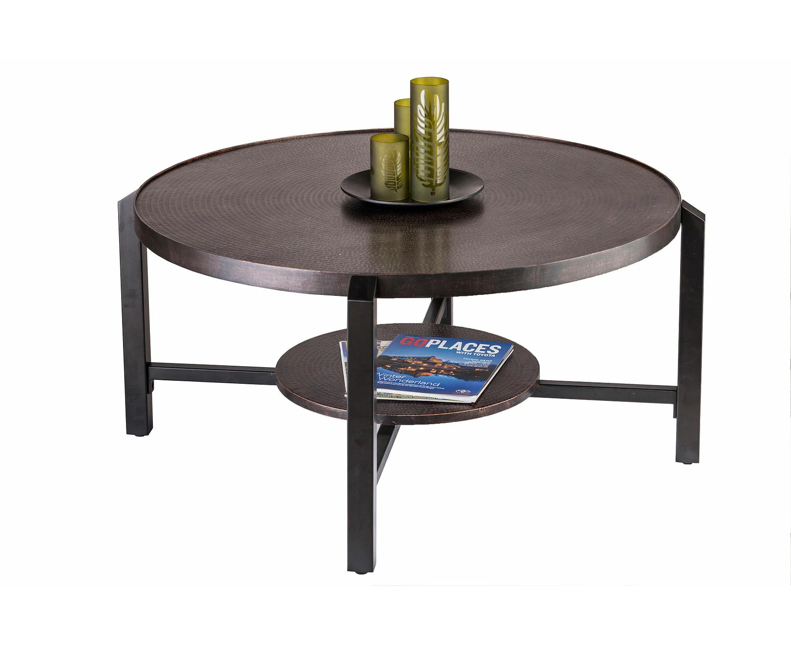 Black Round Coffee Table with Storage Shelf in Copper Finish Top