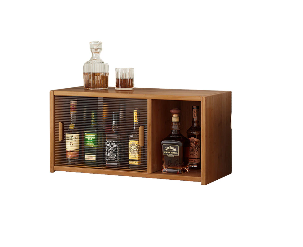 Bamboo Dustproof Cup Storage Cabinet with Sliding Acrylic Door