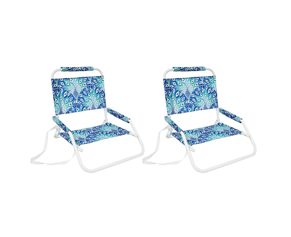 2x Good Vibes Beach Chair Foldable 60x58x50cm w/Wht Frame Peacock Paradise Print