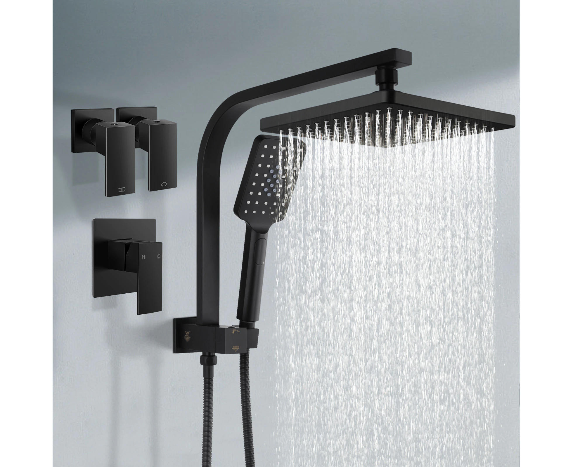 WELS Shower head Set with Shower mixer 8" Square Gooseneck Rain Handheld Head Black High Pressure