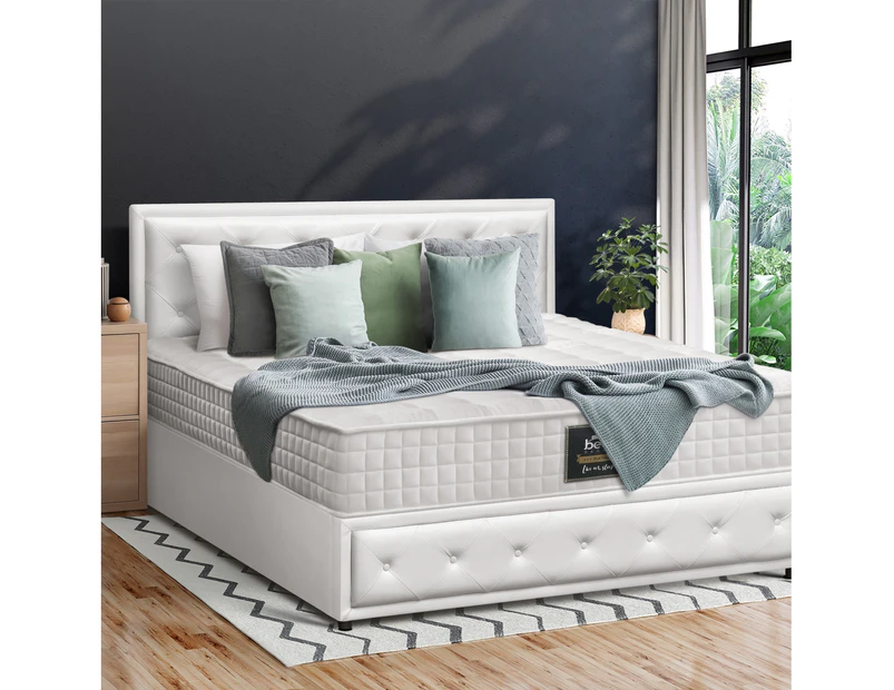 Oikiture Bed Frame Queen Size Gas Lift Storage Mattress Base White Leather