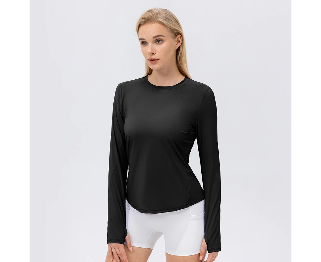 Women Quick Dry Yoga Tops Long Sleeve Sun Protection Sports Tops Anti-ultraviolet Running Fitness Tops-Black