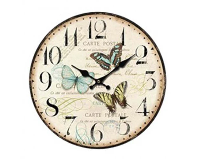 French Country Retro Wall Clock Butterflies 34cm CLK304D