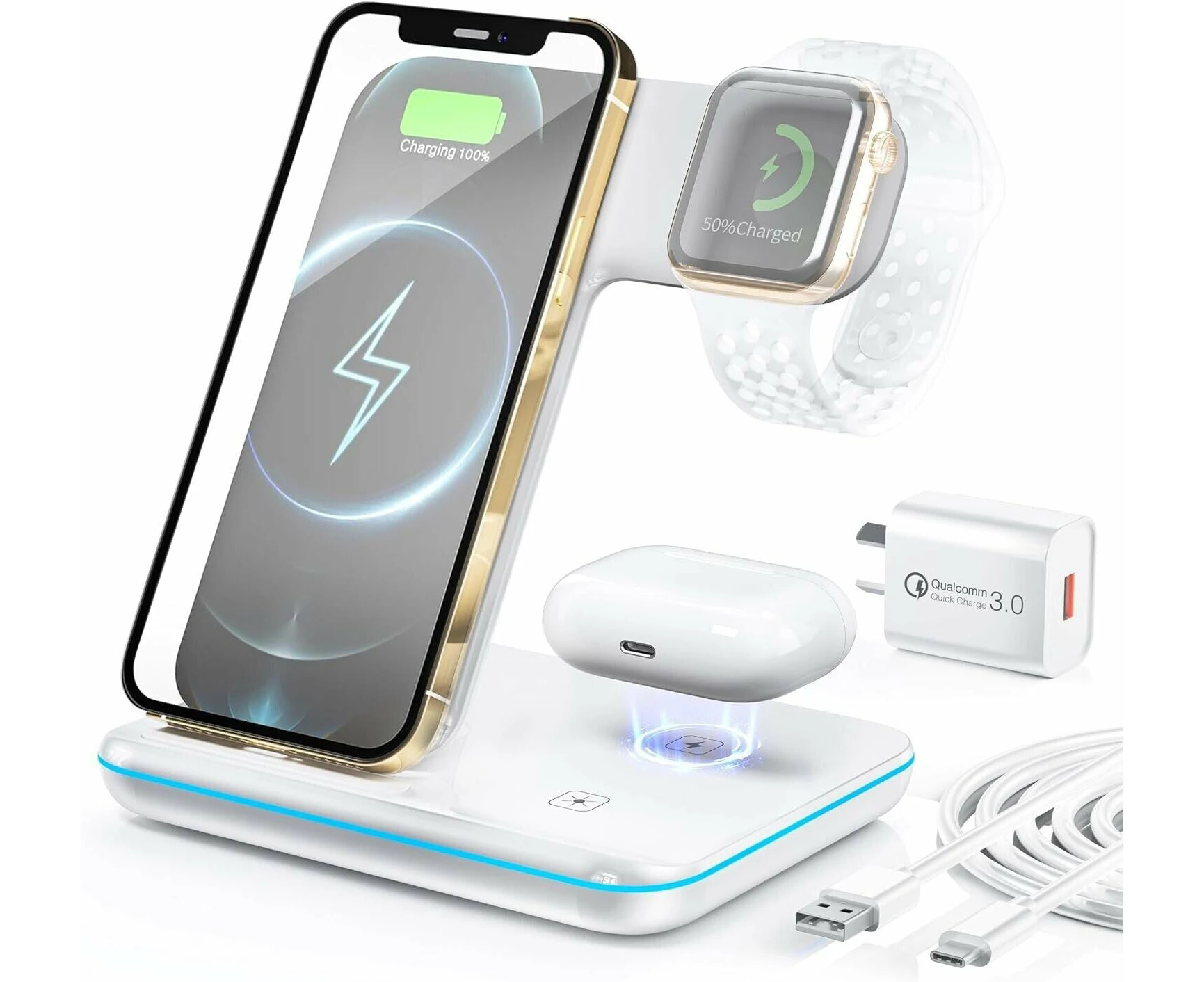 3 in 1 Wireless Charger 15W Fast Charging Station iPhone Samsung Galaxy - White