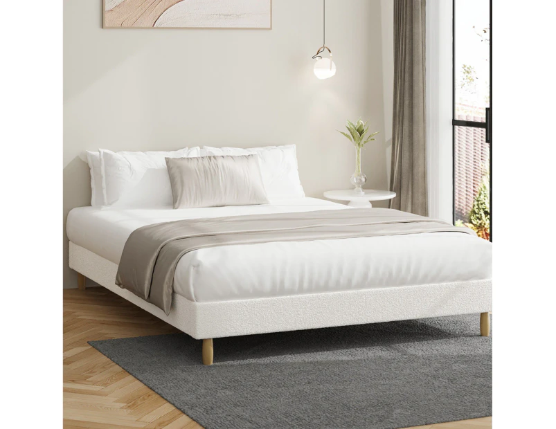 Oikiture Bed Frame Queen Size Bed Base White Boucle