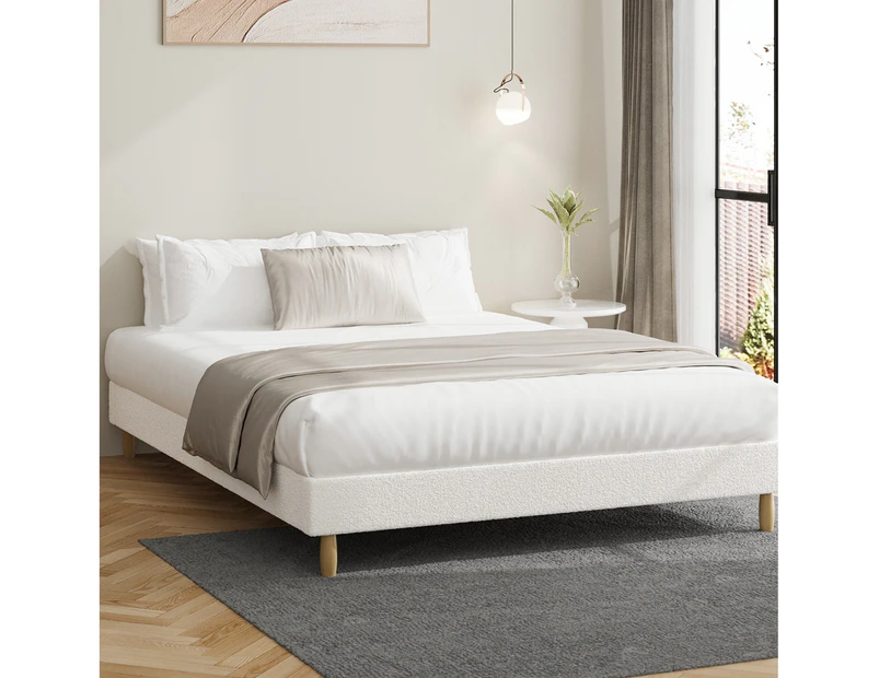 Oikiture Bed Frame Double Size Bed Base White Boucle