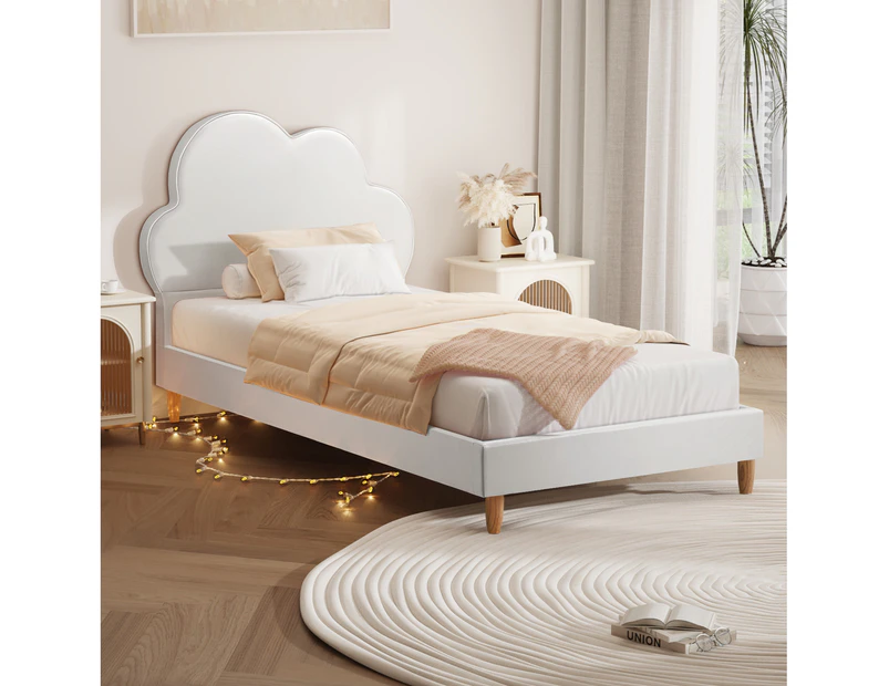 Oikiture Bed Frame Single Size Cloud Kids Bed Frame White Leather