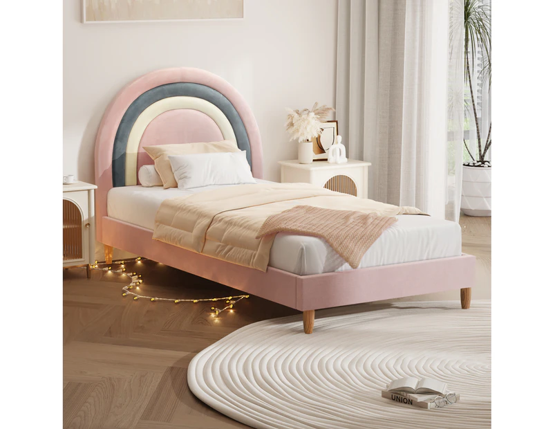 Oikiture Bed Frame Single Size Rainbow Kids Bed Pink Velvet