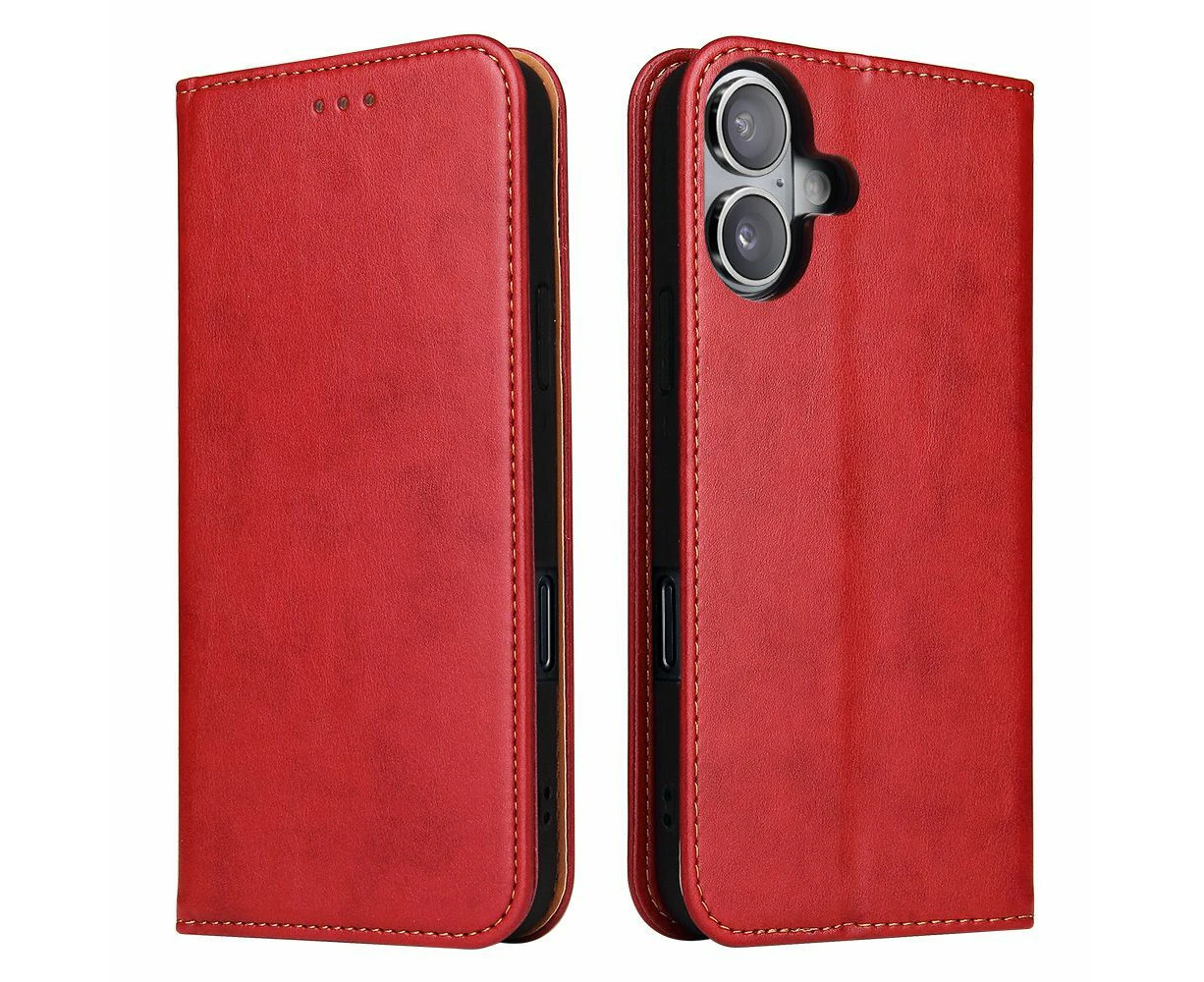 For iPhone 16 Plus Case Leather Flip Wallet Folio Cover Stand Red