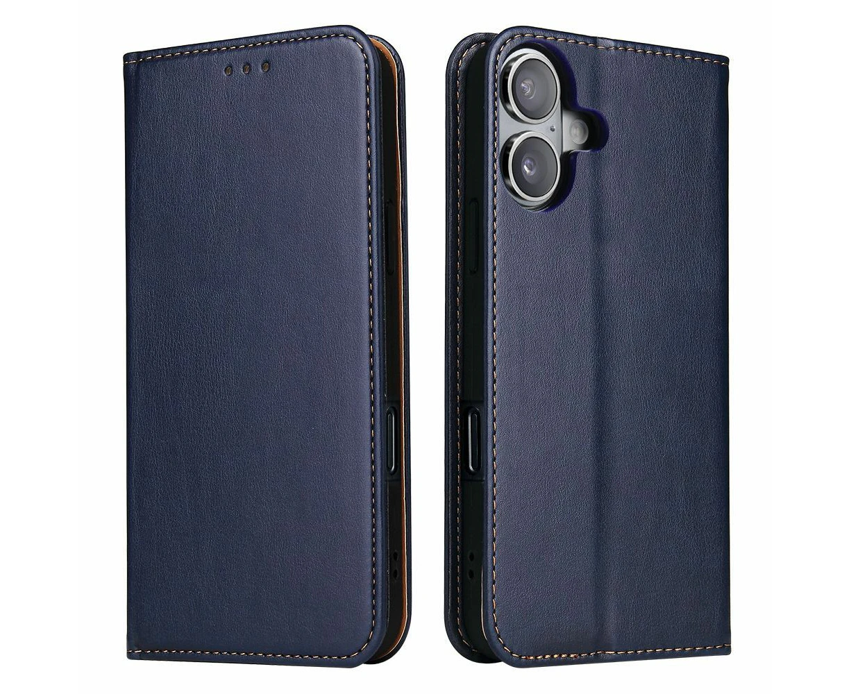 For iPhone 16 Case Leather Flip Wallet Folio Cover Stand Blue