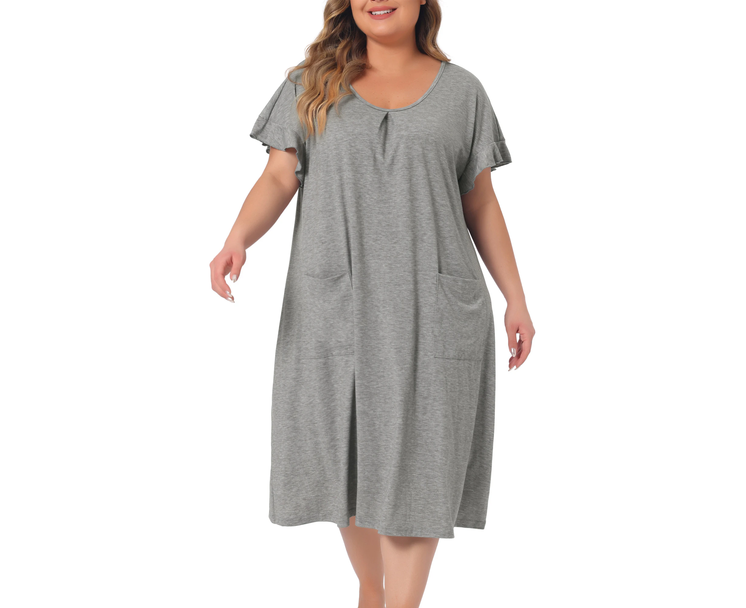 Agnes Orinda Plus Size Round Neck Soft Nightshirt with Pockets