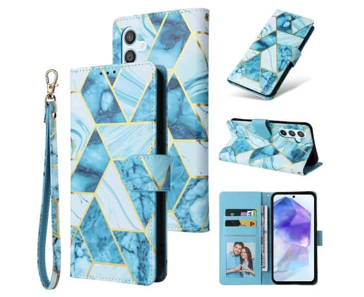 For Samsung Galaxy A55 5G Case Fashion Marble Painting Pattern Flip Wallet Leather Card Slots Stand Cover (Blue Gilding)