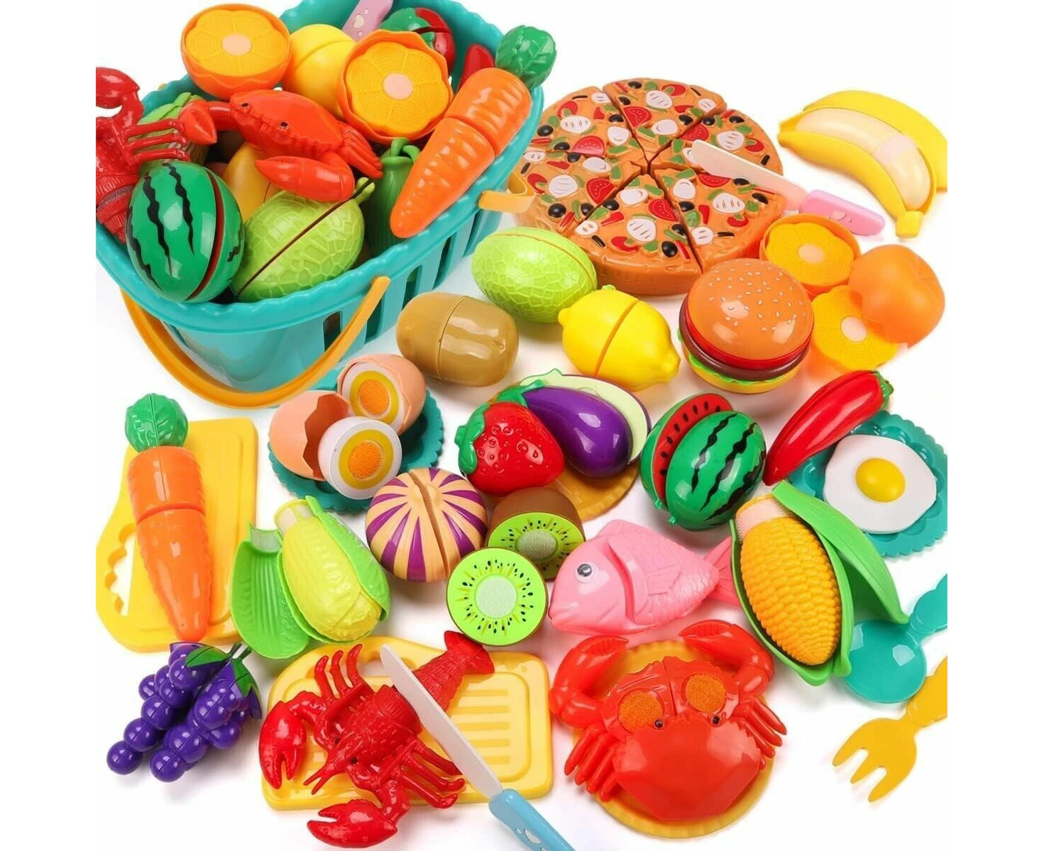 Cutting Play Food Toys for Kids Kitchen Role Play Toys with Basket Educational