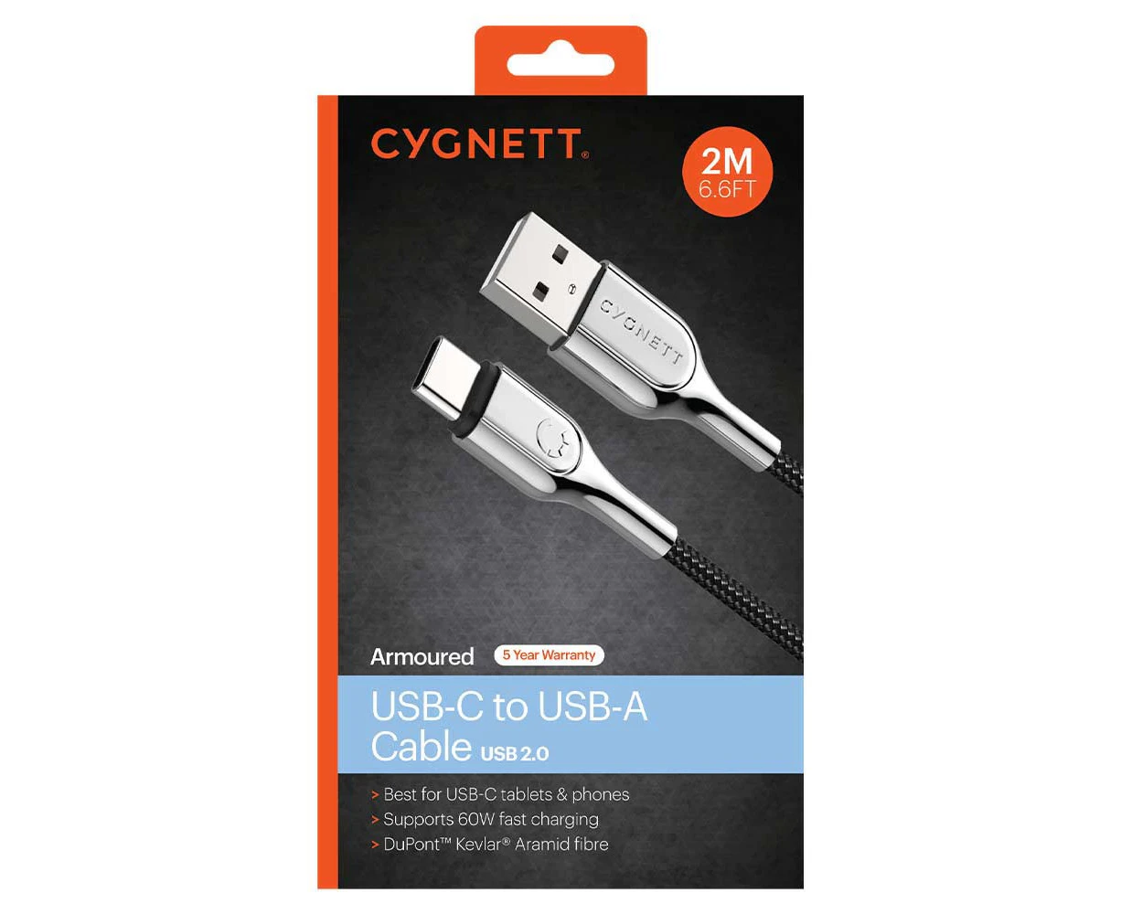 Cygnett 2m 60W Armoured USB-C Cable - Black