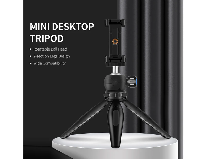 Portable Desktop Tripod for Phone/DSLR/Mirrorless Camera Rotatable Ball Head/1/4'' Screw/2 Availavle Heights/Phone Mounting Seat, Black