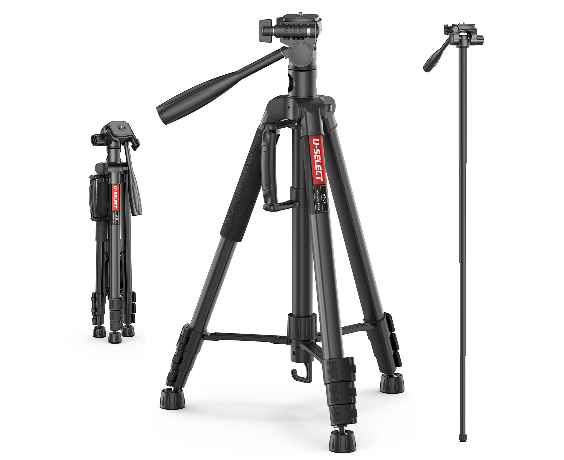 U-Select VT-01 Portable Camera Tripod Monopod Horizontal Tripod Stand Aluminum Alloy 3kg Load Capacity 180cm/ 70.87Inch Max. Height with Carrying Bag