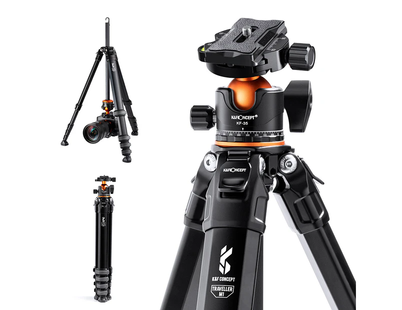 K&F CONCEPT Portable Camera Tripod Stand Aluminum Alloy 177cm/70inch Max. Height 15kg/33lbs Load Capacity Photography Travel Tripod Carrying Bag for D