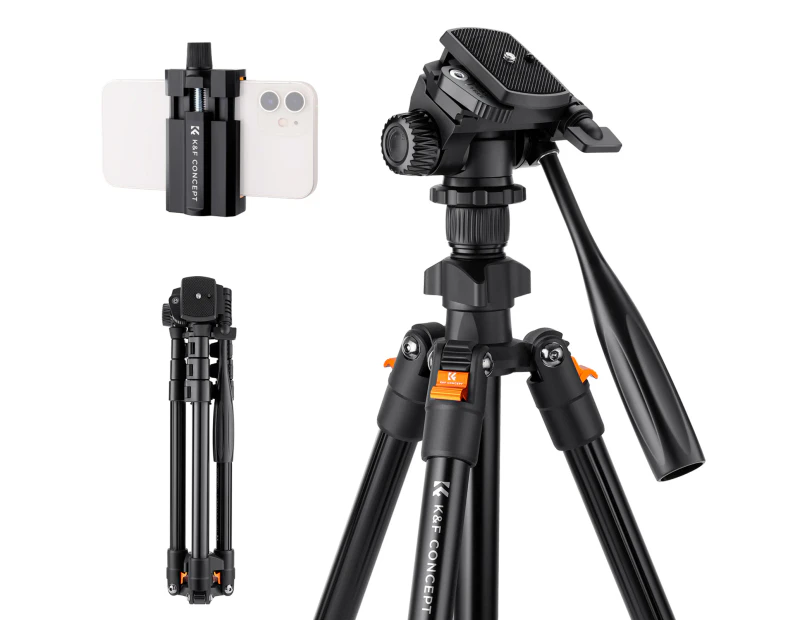 K&F CONCEPT Portable Camera Tripod Stand Aluminum Alloy 162cm/63.8in Max. Height 3kg/6.6lbs Load Capacity Photography Travel Tripod with Phone Holder