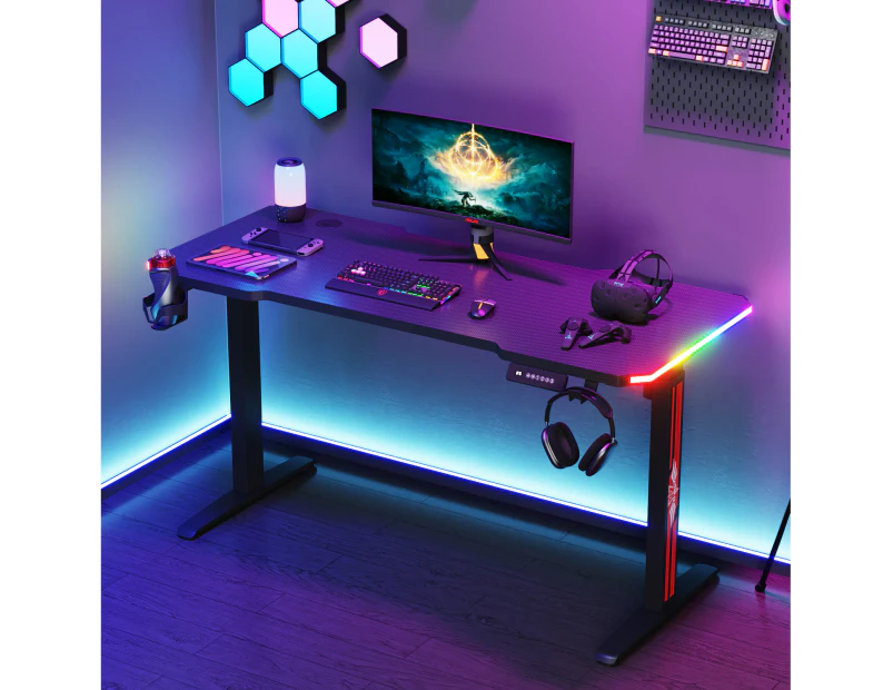 Advwin Electric Standing Desk Gaming Desk RGB LED Ergonomic Sit Stand Desk Height Adjustable Carbon Fiber Desktop Memory Lifting Black 140cm