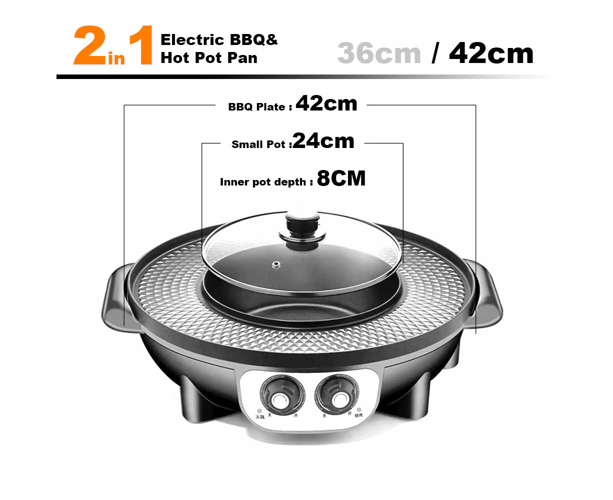 2 In 1 Electric Non-Stick BBQ Plate Hot Pot Pan Shabu Grill Barbecue