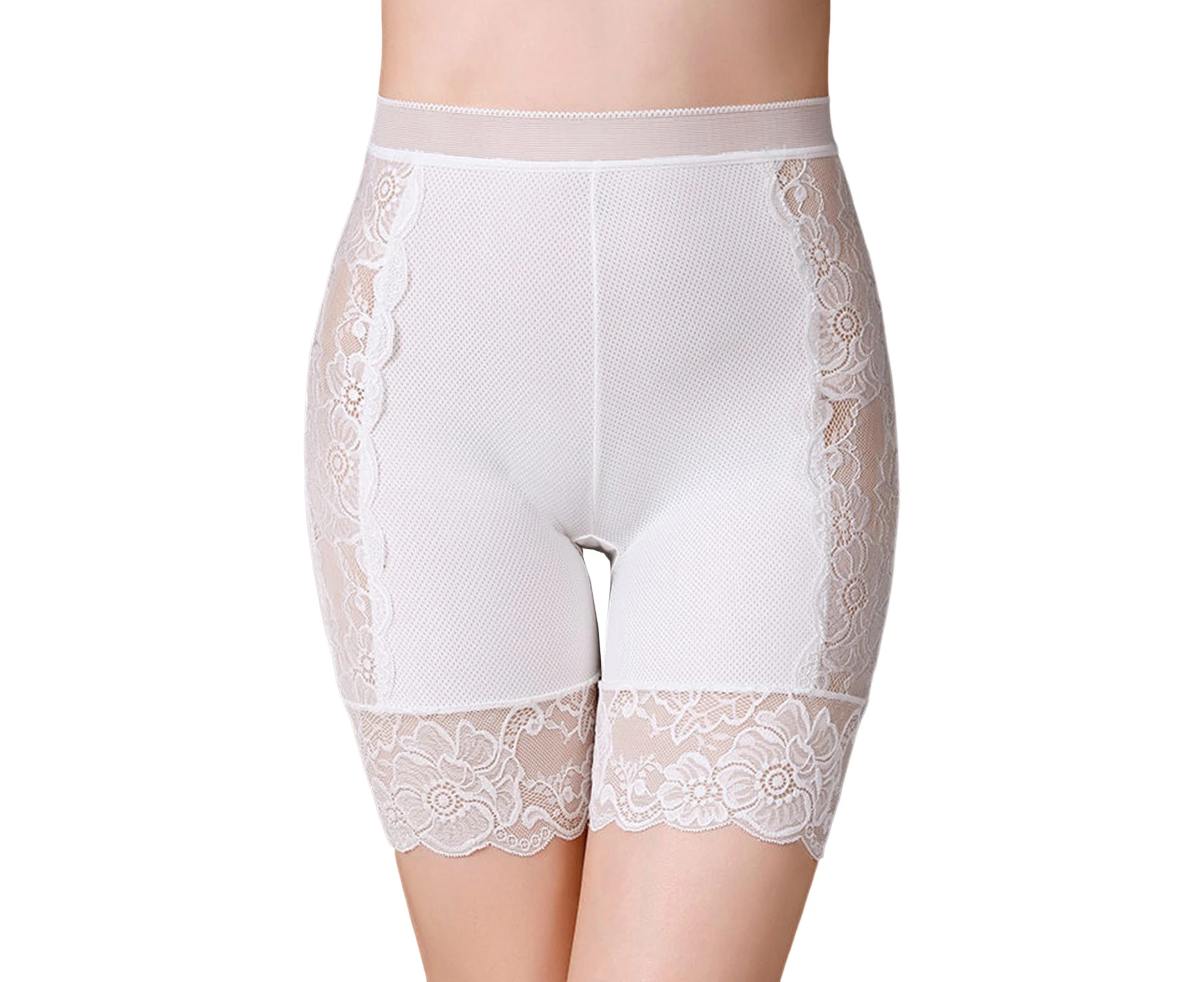 Women Safty Pants Stretchy See-through Mesh Patchwork High Waist Tummy Control Safty Shorts Female Clothes-White