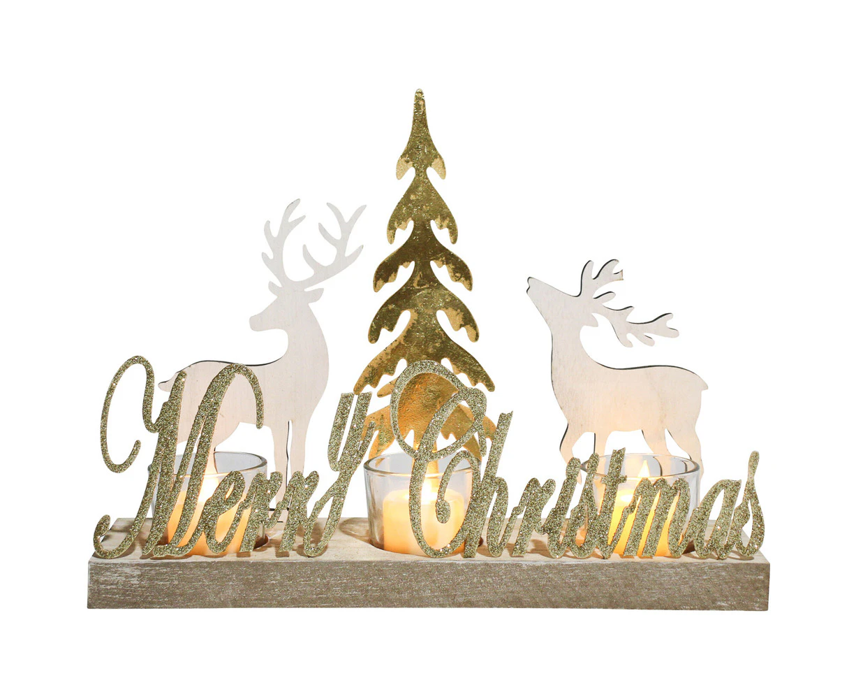 LVD Metal/MDF Merry Christmas Tealight Home/Room Xmas Tabletop Decor Gold