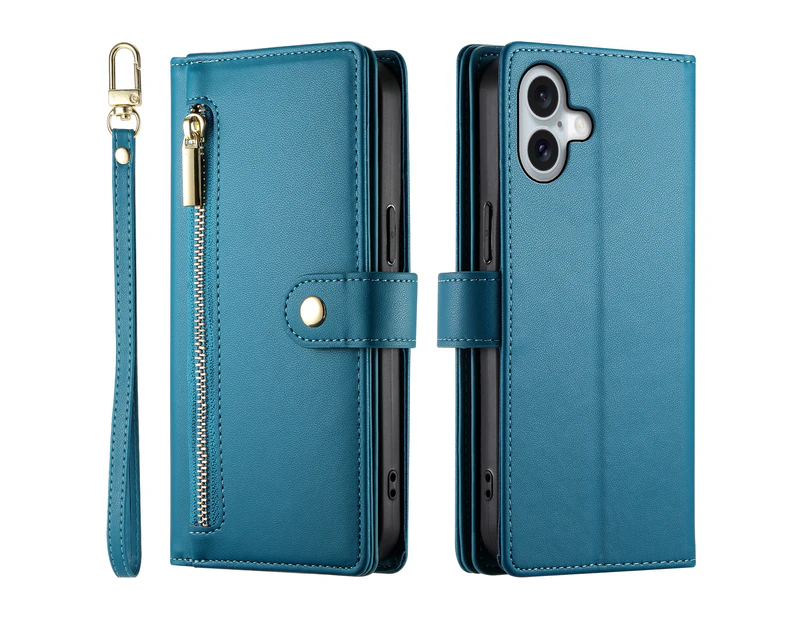 Iphone 16 Plus Premium Pu Leather Wallet Case With RFID Blocking Card Holder-Blue