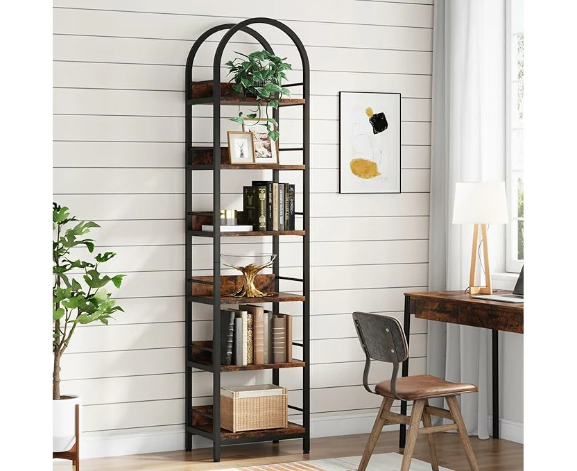 Tribesigns 78.7 Inches 6-Tier Open Bookshelf Tall Arched Narrow Freestanding Corner Bookshelf Display Shelves Rustic Brown