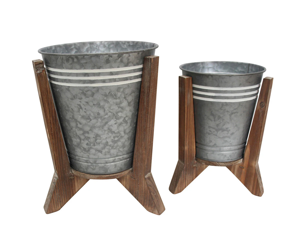 2pc LVD Metal/Wood Planters w/ Stand Pot Home/Garden Decor Round Farmhouse