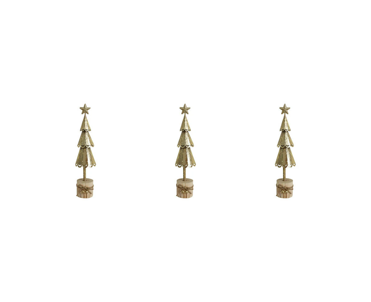 3x LVD Metal/Wood Xmas Tree On Stump Christmas Holiday Decor Medium 26.5cm Gold