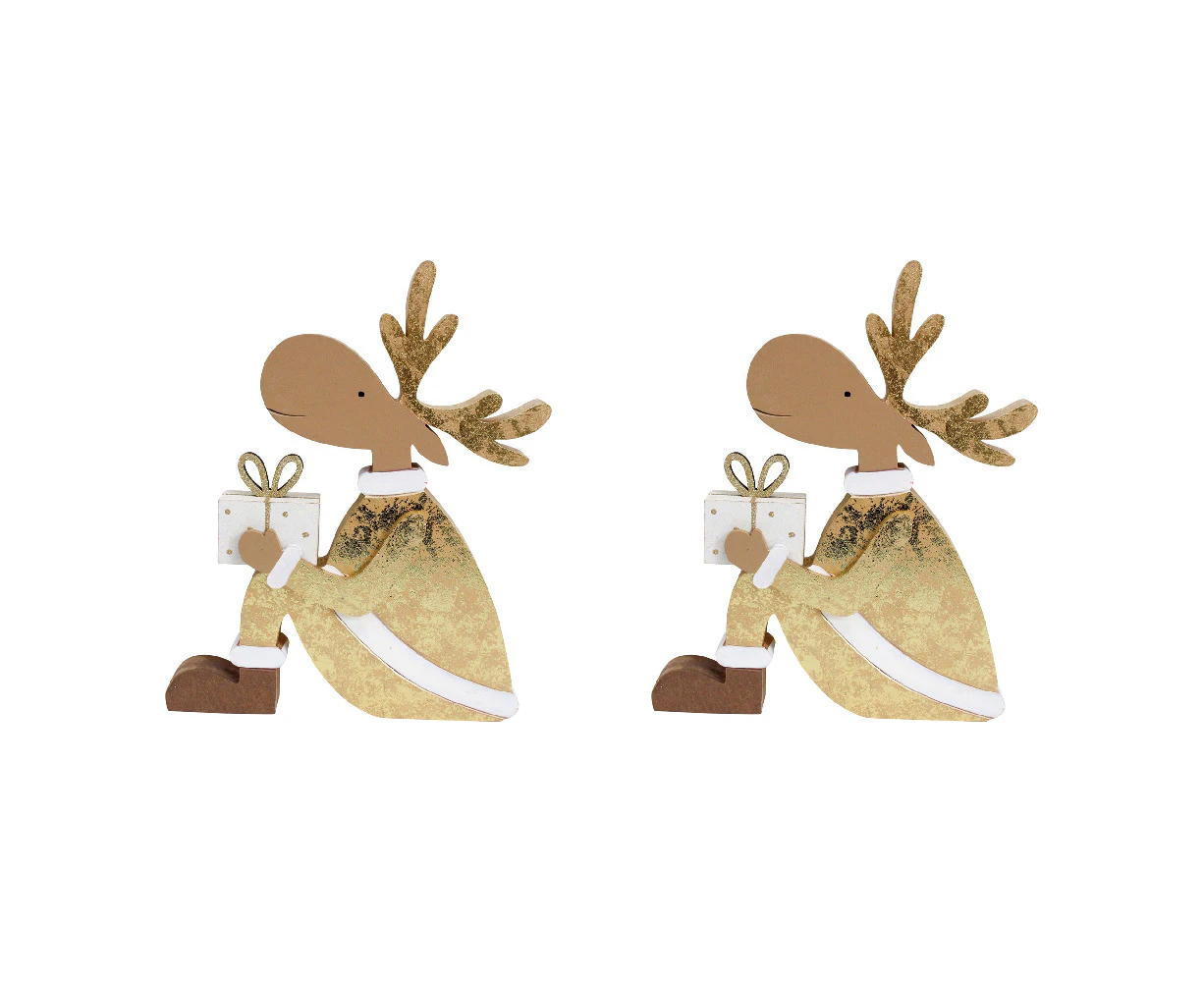 2x LVD Wooden Gifting Reindeer Christmas Holiday Decoration Large Gold/Brown