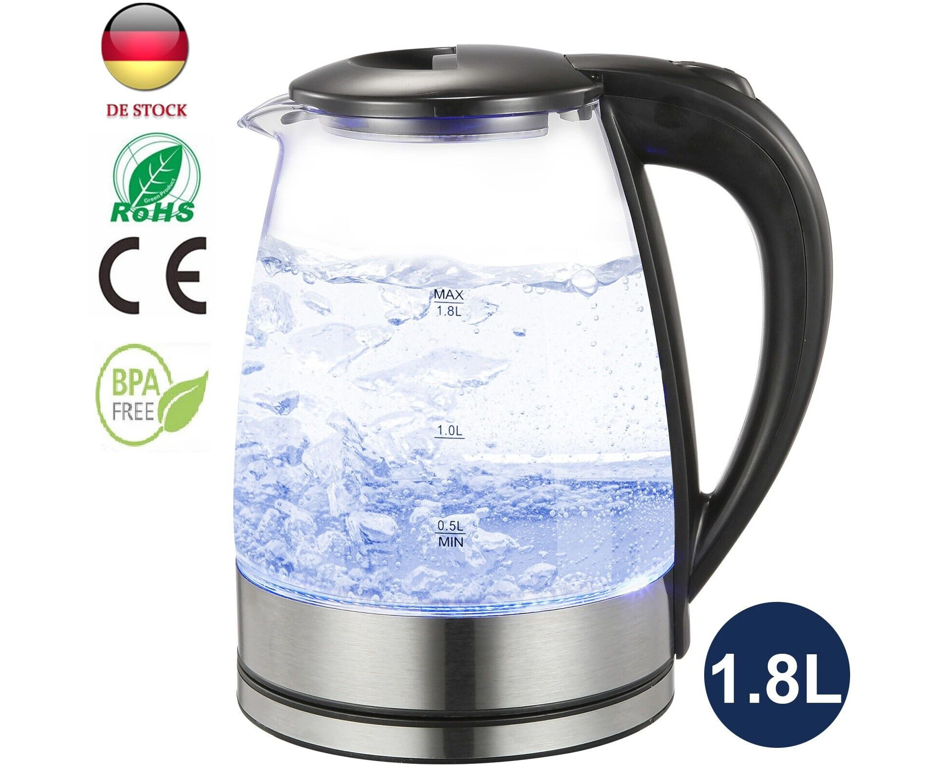 Kettle Glass 1.8L Glass Kettle Led Stainless Steel 1500W Tea Kettle Bpa Free