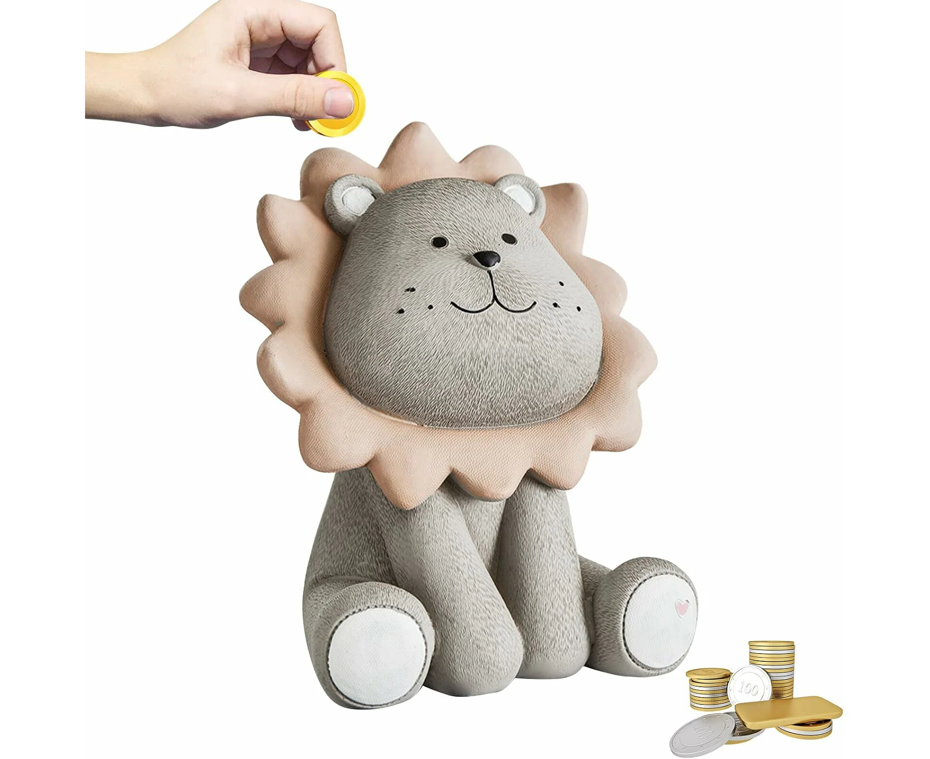 Children'S Money Box, Brown Lion Piggy Bank, Shatterproof Resin Piggy Bank, Piggy Bank Ornament, Reusable Money Boxes For Boys,,Grey