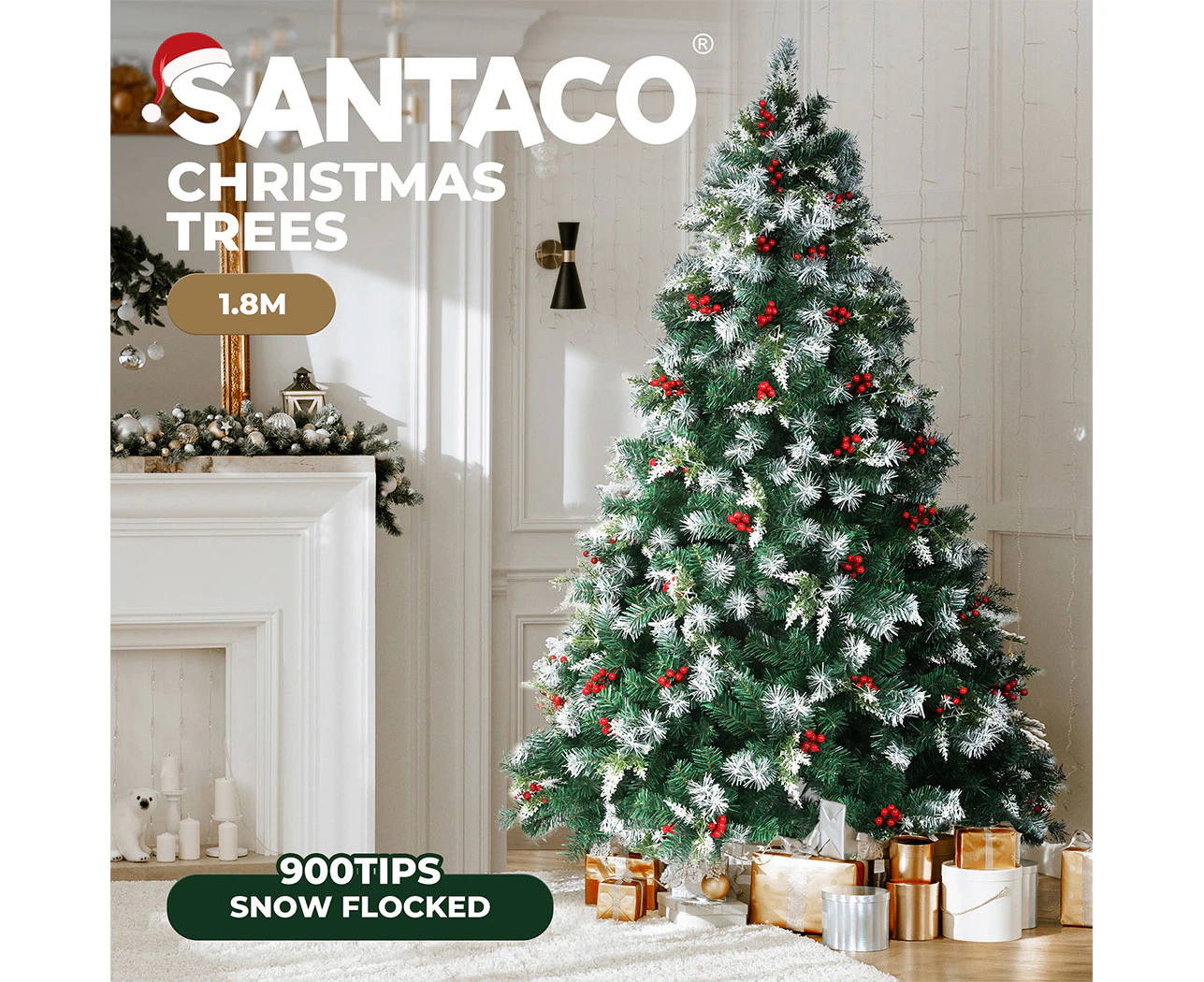 Santaco 1.8M Christmas Tree Snow Flocked Xmas Artificial Green Home Decoration