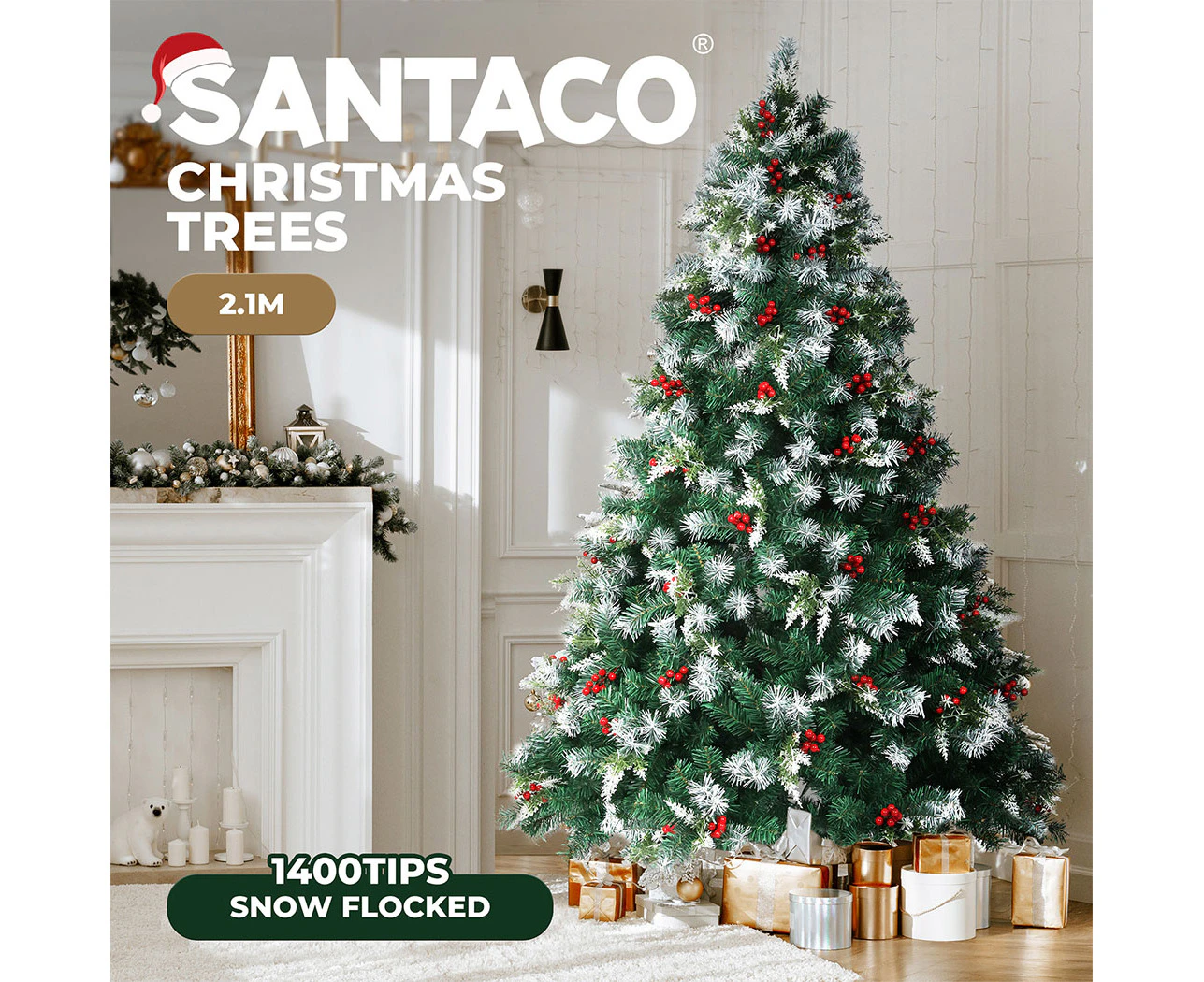 Santaco 2.1M Christmas Tree Snow Flocked Xmas Artificial Green Home Decoration