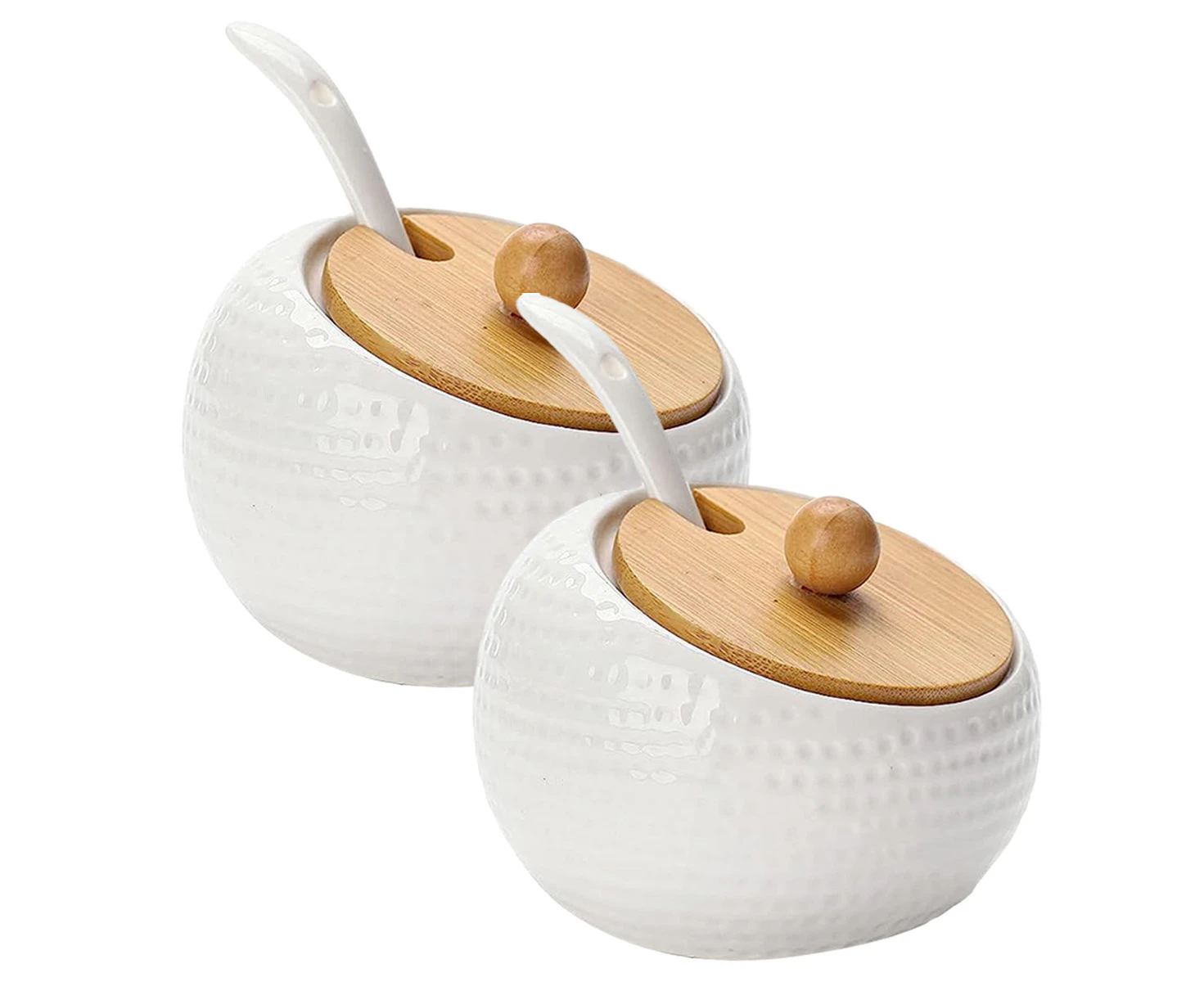 Ceramic Spice Jars – Salt/Sugar Containers with Wooden Lid & Spoon (White)