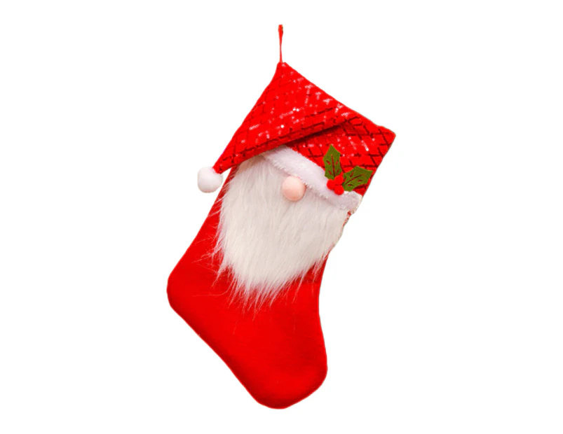 Christmas Stockings Big Xmas Stocking Decoration 17" 3D Sequins Plush Gnome Sock - Red diamond sequin beard