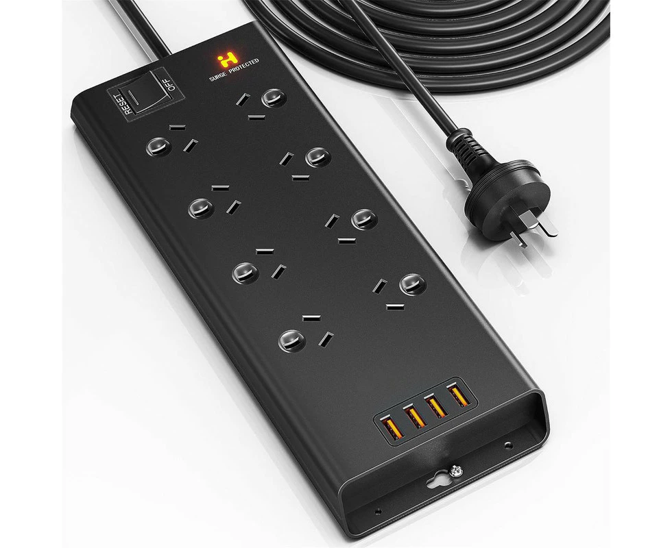 HEYMIX Powerboard USB, 8-Outlet Power Strip, Surge Protector Mountable with 4 USB Max 24W, 2.4A Fast Charging Extension Power Cord SAA Certified