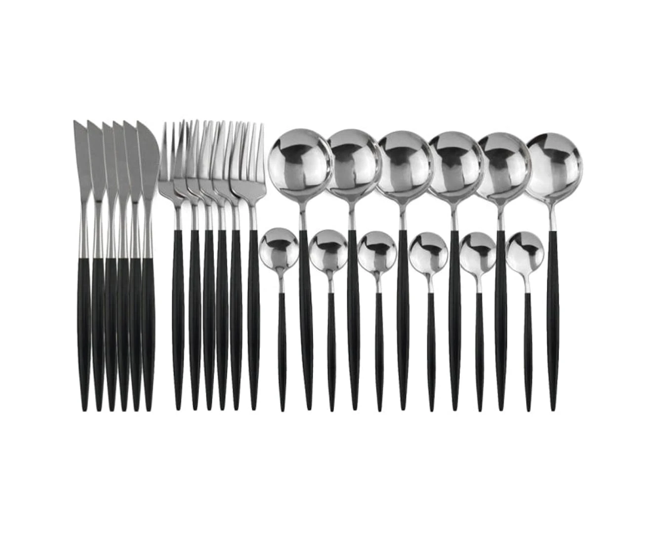 24Pcs Stainless Steel Cutlery Set Fork Knife Spoon Tableware Flatware - Black Silver