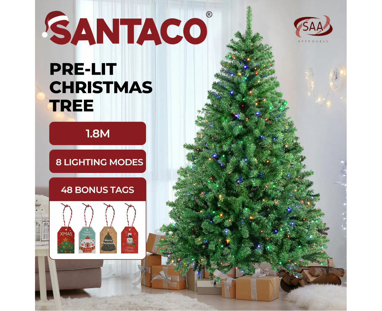 Santaco 1.8M Christmas Tree Pre Lit 8 Mode Led Lights Xmas Bushy Decorations