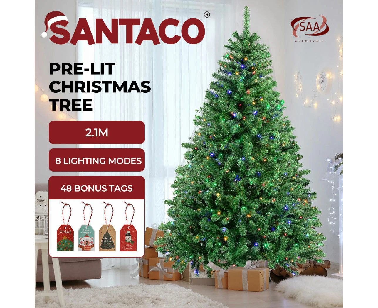 Santaco Artificial Led Christmas Tree with Lights 2.1M Pre Lit Xmas Decor 8 Mode